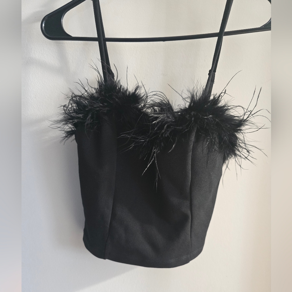Stories Black Feathered Crop Top